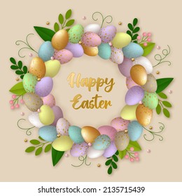 Feliz tarjeta de felicitación de Pascua. Corta corteza de huevos de Pascua 3D, bayas y hojas. Ilustración vectorial.