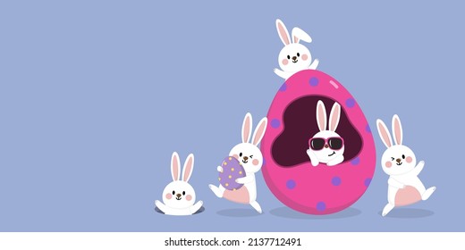 Happy Easter greeting card with cute white bunny and eggs. Rabbit character set. Animal wildlife holidays cartoon. -Vector.