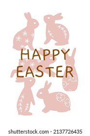 Happy Easter greeting card with cute flat bunnies with floral elements. Hand drawn illustration for spring design and Easter holidays. Cute print with rabbits in flat style. Hand drawn vector poster