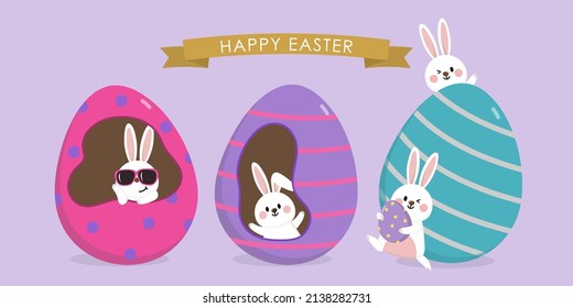 
Happy Easter greeting card with cute white bunny and chocolate eggs. Rabbit character set. Animal wildlife holidays cartoon. -Vector.