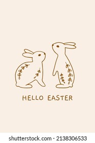 Happy Easter greeting card with cute flat bunnies with floral elements. Hand drawn illustration for spring design and Easter holidays. Cute print with rabbits in flat style. Hand drawn vector poster