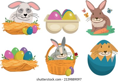 Happy Easter greeting card with cute white bunny and eggs. Rabbit character set.