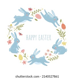 Feliz tarjeta de saludo de Pascua con bonitos conejos, huevos y flores. Ilustración vectorial dibujada a mano. Fondo de primavera