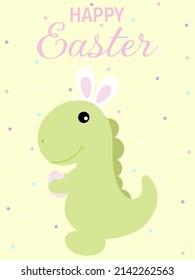 Feliz tarjeta de saludo de Pascua con un lindo dinosaurio sonriente verde. Feliz tarjeta de felicitación de Pascua. Personaje de caricatura para las vacaciones de Pascua. Dinosaurio lindo para pancarta, afiche o volante de Semana Santa.