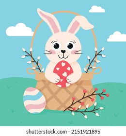 Happy Easter greeting card with cute bunny eggs willows and basket on sky and grass background. Suitable for flyers of the print packaging website. Vector illustration with brush texture
