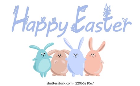 Feliz tarjeta de felicitación de Pascua con un lindo conejito. Conjunto de caracteres de conejo. Caricatura sobre las fiestas de animales salvajes.