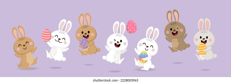 Feliz tarjeta de felicitación de Pascua con lindo conejo blanco y huevos. Conjunto de caracteres de conejo. Caricatura sobre las fiestas de animales salvajes. -Vector.