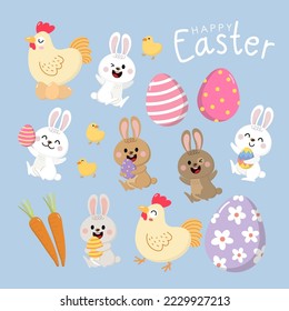 Happy Easter greeting card with cute bunny, colourful eggs, chicken and little chick. Welcome spring season with rabbit. Animal wildlife holiday cartoon character. -Vector.