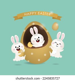 Happy Easter greeting card with cute white bunny and chocolate eggs. Rabbit character set. Animal wildlife holidays cartoon. -Vector.