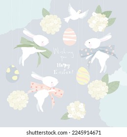 Happy Easter Greeting Card with Cute White Bunnies and Eggs