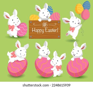 Happy Easter greeting card with cute white bunny and eggs. Rabbit character set.