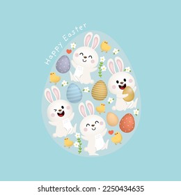 Happy Easter greeting card with cute white bunny and eggs. Rabbit character set. Animal wildlife holidays cartoon. -Vector.