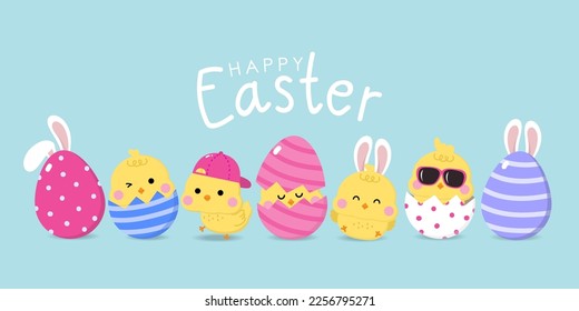 Happy Easter greeting card with cute yellow chick, colourful eggs, baby chicken and rabbit ears. Animal wildlife holiday cartoon character. -Vector.