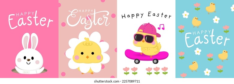 Happy Easter greeting card with cute yellow chick, colourful eggs, bunny and rabbit. Animal wildlife holiday cartoon character. -Vector.