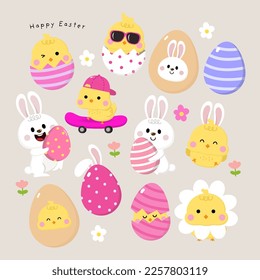 Happy Easter greeting card with cute yellow chick, colourful eggs, bunny and rabbit. Animal wildlife holiday cartoon character. -Vector.