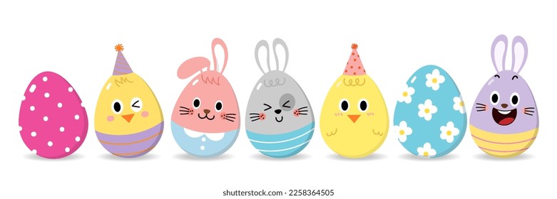 Happy Easter greeting card with cute decorate eggs in rabbit and chick costume. Religion holiday cartoon and character set. -Vector.