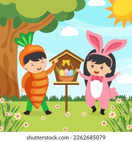 Happy Easter greeting card. Cute kids are wearing Easter costumes with basket of decorative eggs and nature background.