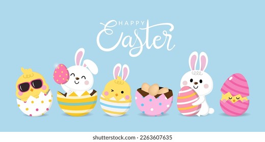 Happy Easter greeting card with cute yellow chick, colourful eggs, bunny and rabbit. Animal wildlife holiday cartoon character. -Vector. - Shutterstock ID 2263607635