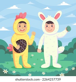 Happy Easter greeting card. Cute kids are wearing Easter costumes with decorative eggs and nature background.