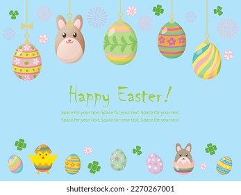 Happy Easter greeting card with cute bunny, eggs and flowers. Vector illustration.