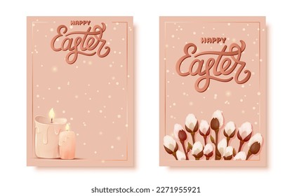 Happy Easter greeting card cute gold sparkly flat set. Brown luxury lettering pussy willow bud blossom bouquet burning flame candle wax melted holiday writing divine spring holiday cozy cute isolated