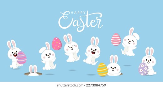 Feliz tarjeta de felicitación de Pascua con lindo conejo blanco y huevos. Conjunto de caracteres de conejo. Caricatura sobre las fiestas de animales salvajes. -Vector.