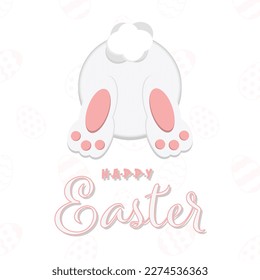 Happy Easter greeting card with cute easter bunny from back view and writing, isolated on White background. White easter bunny vector graphic illustration.