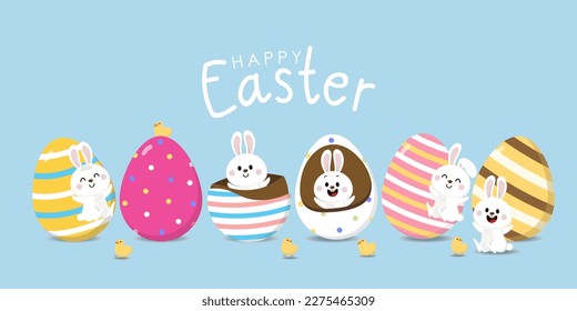 Happy Easter greeting card with cute yellow chick, chocolate in colourful eggs, bunny and rabbit. Animal wildlife holiday cartoon character. -Vector.