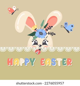 Happy Easter greeting card. Cute bunny face with wildfloral wreath on head, ladybug, butterfly. Vector cartoon flat illustration for religious holiday, banner, poster