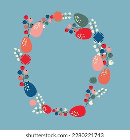 Happy Easter greeting card with cute flower wreath and eggs.