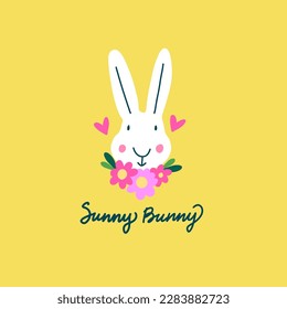 Happy Easter greeting card with cute Rabbit and flowers. Sunny Bunny sign.