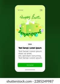 Happy Easter greeting card with cute white rabbits in a festive green box and eggs. Mobile app promotion social media post and web banner template. Editable creative business marketing website