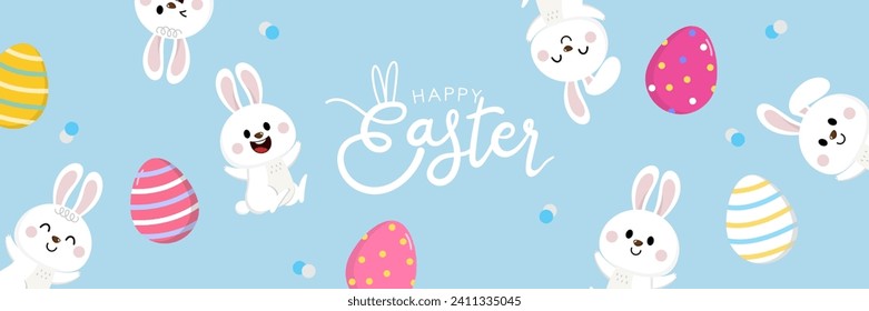 Happy Easter greeting card with cute white bunny and eggs. Rabbit character banner. Animal wildlife holidays cartoon. -Vector.