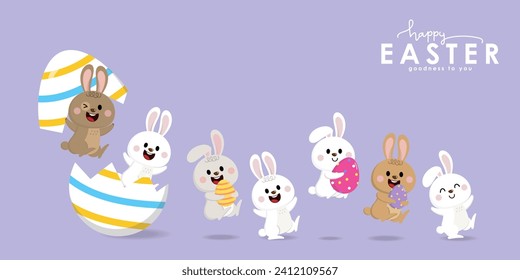 Happy Easter greeting card with cute white bunny and eggs. Rabbit character set. Animal wildlife holidays cartoon. -Vector.