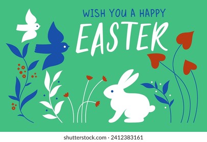 Happy Easter Greeting Card with Cute Bunny, Birds and Flowers. Vector Spring Background