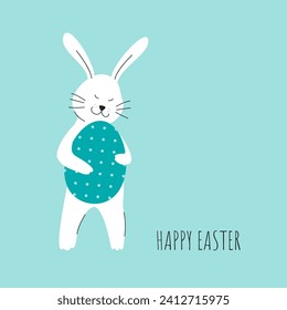Happy Easter greeting card with cute white bunny and egg. Happy Easter card with rabbit. Modern minimal style