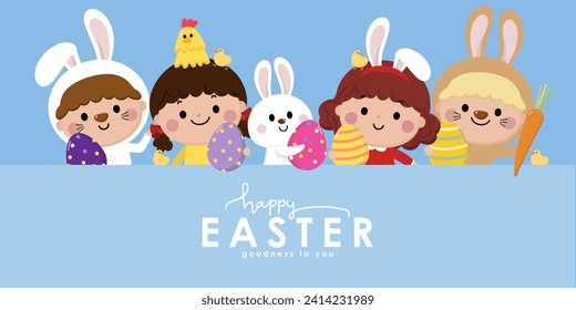 Happy Easter greeting card with cute kids in bunny and chicken costume. Boys and girls with colourful eggs. Holidays cartoon character set. -Vector.