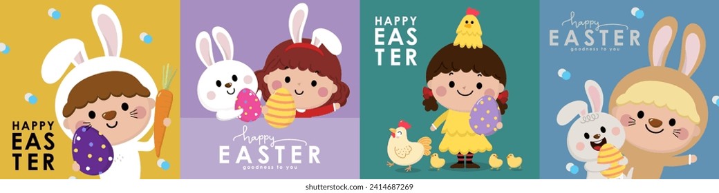 Happy Easter greeting card with cute kids in bunny and chicken costume. Boys and girls with colourful eggs. Holidays cartoon character set. -Vector.