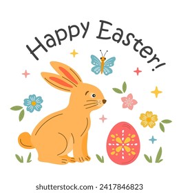 Happy Easter greeting card with cute bunny, egg, spring flowers. Funny Easter rabbit, egg hunt. Easter holiday illustration, vector design for poster, invitation, postcard, printing.