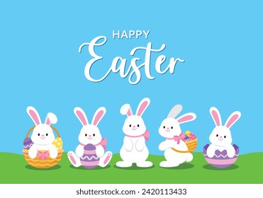 Happy Easter greeting card with cute white bunny and eggs. Rabbit character set. Animal wildlife holidays cartoon. Vector illustration EPS.