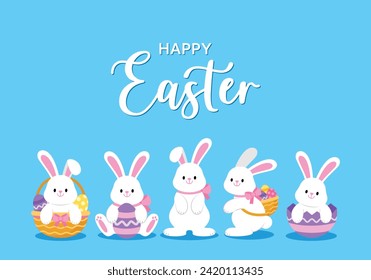 Happy Easter greeting card with cute white bunny and eggs. Rabbit character set. Animal wildlife holidays cartoon. Vector illustration EPS.