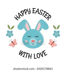 Happy Easter greeting card with cute little bunny and flowers. Round sticker, gift tag, label, badge. Easter funny rabbit. Some bunny loves you.