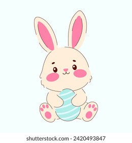 Happy Easter greeting card with cute bunny and colourful egg. Сute rabbit holding Easter egg