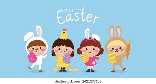 Feliz tarjeta de felicitación de Pascua con lindos niños en conejito y disfraz de pollo. Niños y niñas con huevos coloridos. Juego de personajes de caricatura de vacaciones. -Vector.