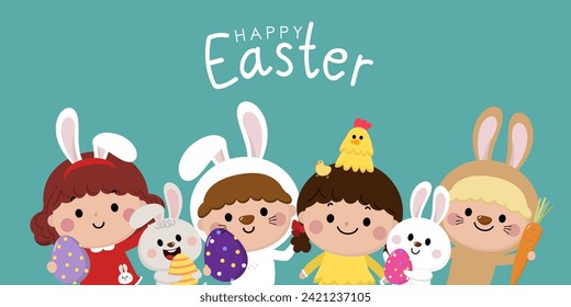 Happy Easter greeting card with cute kids in bunny and chicken costume. Boys and girls with colourful eggs. Holidays cartoon character set. -Vector.