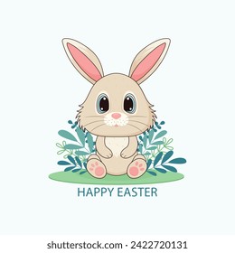 Happy Easter greeting card with a cute cartoon bunny. Vector illustration