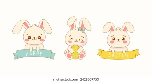 Happy Easter greeting card with cute white bunny and egg in kawaii style. Easter bunnies holding a ribbon with the inscription Happy Easter
