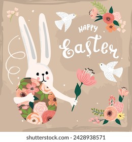 Happy Easter greeting card with cute bunny,decorated egg,floral composition and hand lettering.Grunge background with spring flowers and flying birds.Banner template,cover.Hand drawn illustration.