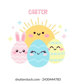 Happy Easter greeting card with cute eggs and sun. Set of Easter colorful eggs in kawaii style