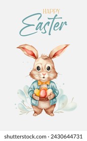 Happy Easter greeting card with a cute easter bunny holding eggs. Ready made card design for Easter celebration 